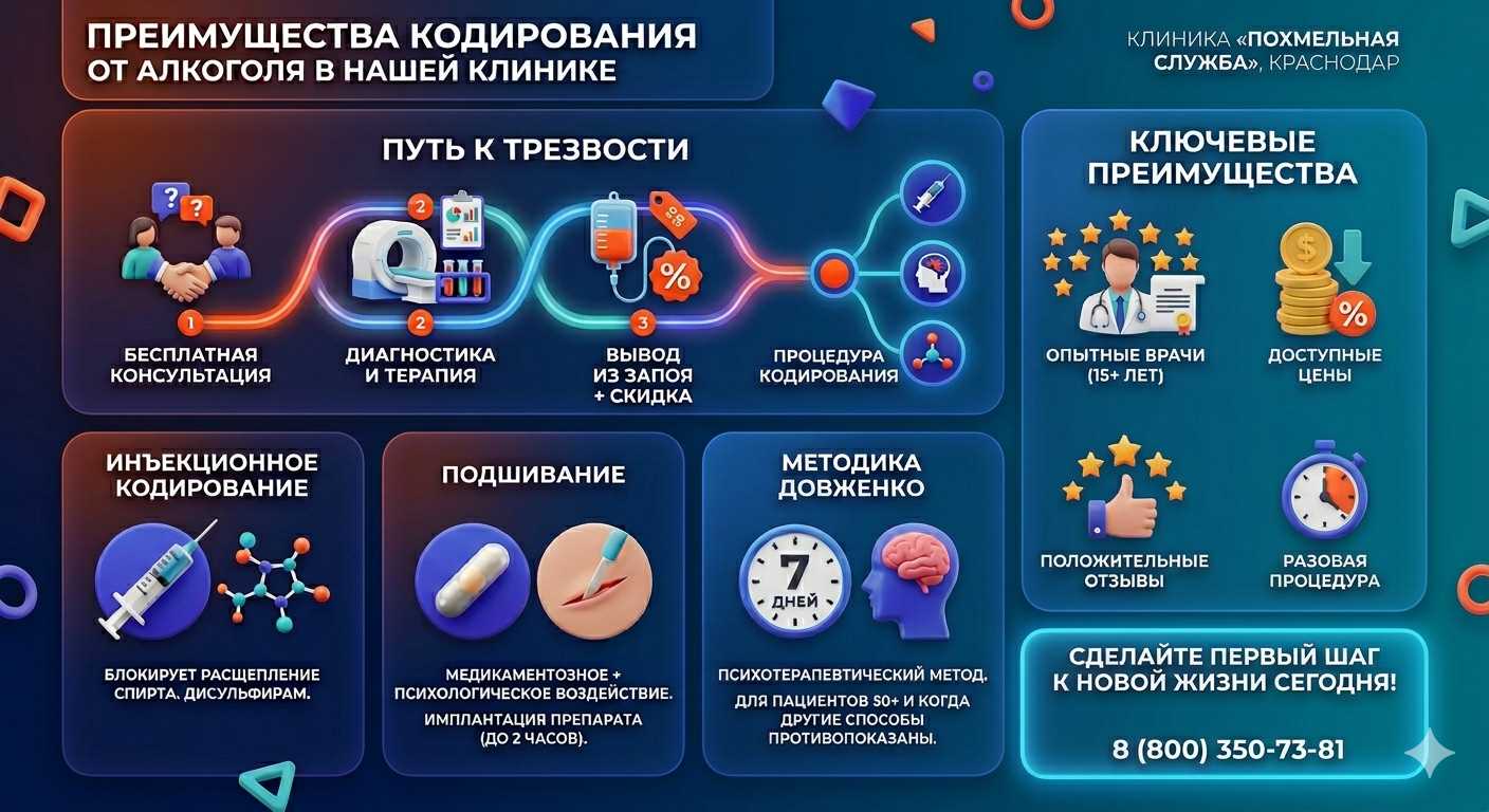 Инфографика о методах кодирования от алкоголя в Реже: инъекции, подшивание, метод Довженко. Преимущества клиники и этапы лечения.