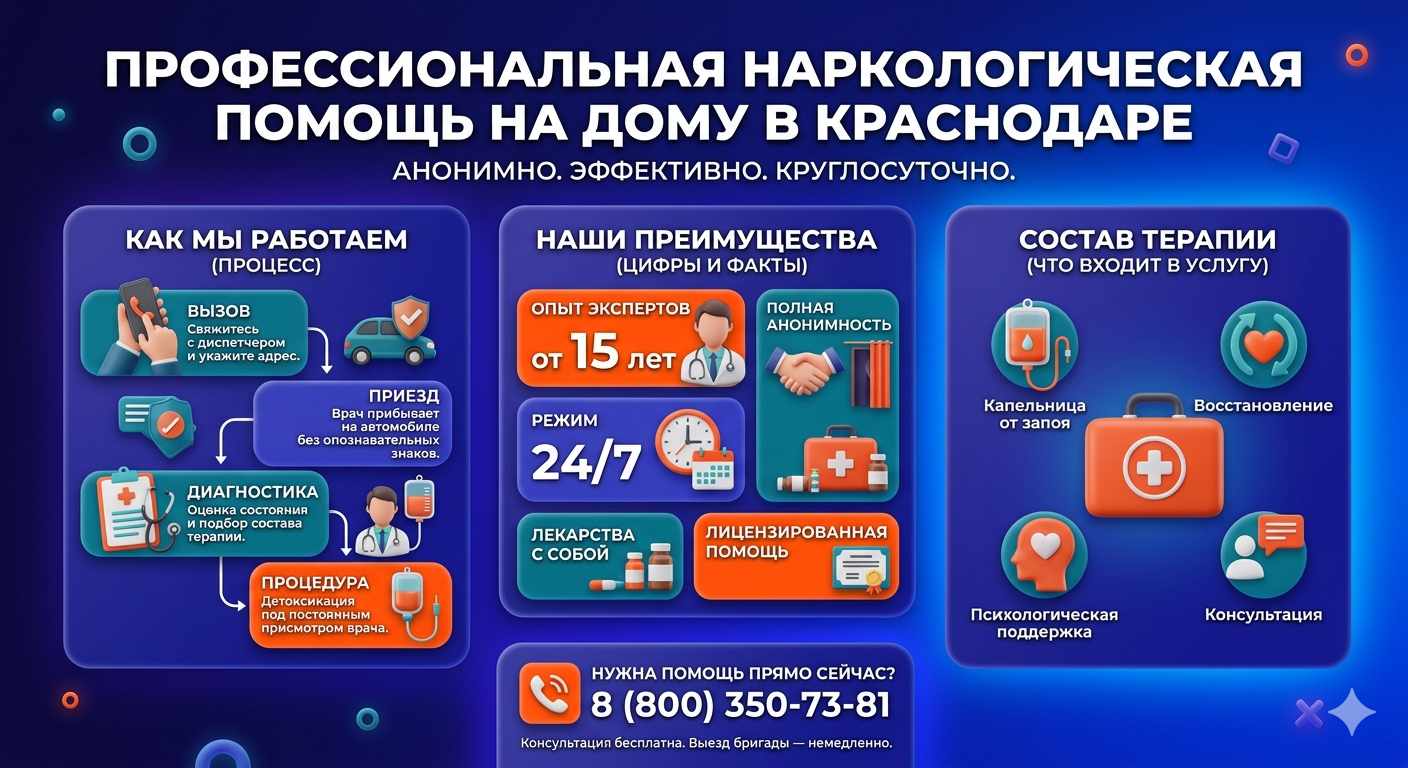 Инфографика о принципах лечения алкоголизма на дому в Реже: этапы вызова нарколога, преимущества анонимной детоксикации и состав медицинской помощи.